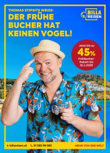 Thomas Stipsits ist seit 2024 Werbegesicht für BILLA Reisen